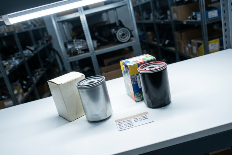 Filtros de aceite y combustible recambio IAM para motor Ford junto a sus cajas de embalaje en un mostrador de taller.
