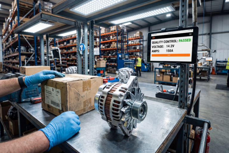 Alternateur d'Occasion ou Reconditionné : Ce qu'il Faut Vérifier Avant d'Acheter 8 Operario con guantes empaquetando un alternador recondicionado junto a una pantalla que muestra la prueba de control de calidad superada (14.2V y 150A).