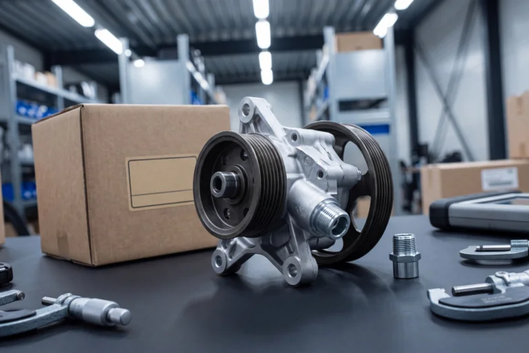 Bomba Direcção Renault Mégane III: Fuga Típica e Preço Real B2B Portugal 8 Bomba de dirección hidráulica nueva para Renault Mégane III con polea acanalada sobre una mesa de taller, junto a una caja de cartón y herramientas de medición como micrómetros.