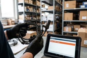 Mecánico sujetando un sensor de velocidad de rueda ABS junto a una tableta de diagnosis que indica el código de error C0031.