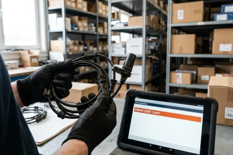 Mecánico sujetando un sensor de velocidad de rueda ABS junto a una tableta de diagnosis que indica el código de error C0031.