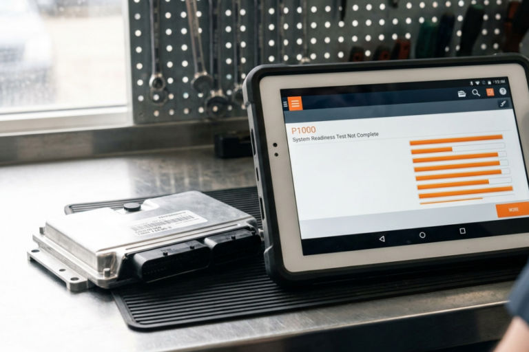 Módulo de control del motor (ECU) en un banco de trabajo junto a un escáner que muestra el código P1000 System Readiness Test Not Complete.
