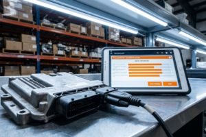 Módulo de control del motor (ECM) conectado a una tableta de diagnosis mostrando transmisión de datos activa.