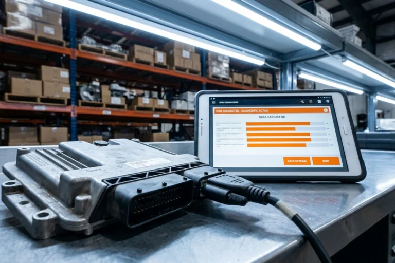 Módulo de control del motor (ECM) conectado a una tableta de diagnosis mostrando transmisión de datos activa.