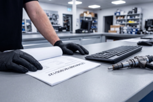 Mecánico profesional decodificando el VIN para identificar recambios compatibles