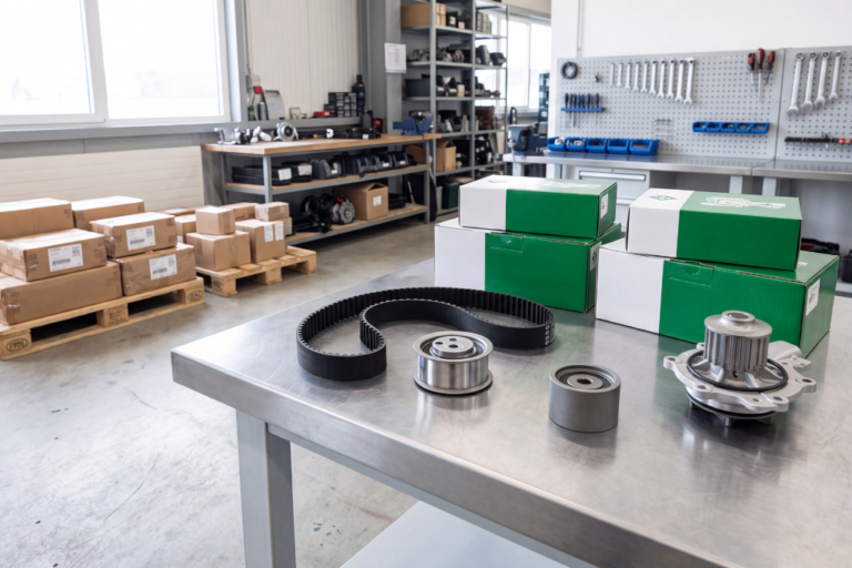 Kit de distribución INA con correa dentada, tensores y bomba de agua para motor Renault Clio III 1.5 dCi K9K sobre mesa de taller mecánico.