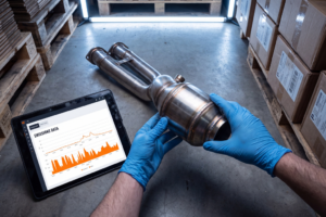 Técnico con guantes examinando un downpipe de escape de acero inoxidable junto a una tableta que muestra datos de emisiones.