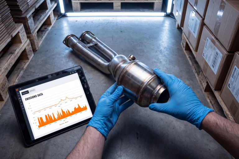Técnico con guantes examinando un downpipe de escape de acero inoxidable junto a una tableta que muestra datos de emisiones.