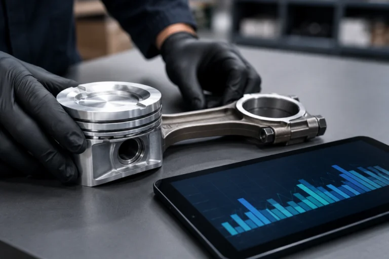 Une image professionnelle mettant en scène l'inspection de composants mécaniques de haute précision. Un technicien en gants de protection manipule un ensemble piston-bielle sur un plan de travail propre. Au premier plan, une tablette affiche des analyses de performance sous forme de graphiques à barres, illustrant la synergie entre la mécanique traditionnelle et le diagnostic numérique moderne.