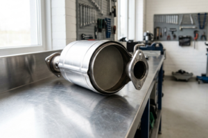 Mecánico profesional inspeccionando un filtro FAP DPF junto al escape de un vehículo diésel