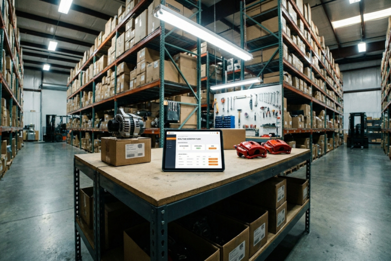 Logistique des Pièces Détachées : Comment Optimiser les Délais et Réduire les Ruptures de Stock 5 Mesa de trabajo en un gran almacén logístico con componentes de coche, cajas de repuestos y una tableta mostrando el control de stock en tiempo real.