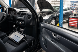Vista desde el interior de un coche con la puerta del conductor abierta en un taller mecánico. Sobre el asiento del conductor reposa una tableta de diagnosis profesional conectada por cable al vehículo, mostrando gráficos y datos técnicos en la pantalla. Al fondo, en el área de trabajo del taller, se observa otro coche oscuro con el capó levantado, un elevador hidráulico azul y un carrito de herramientas rojo y negro.