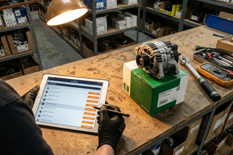 Operario revisando el inventario en una tablet junto a un alternador de coche Peugeot 1.6 HDI en la mesa de un taller.