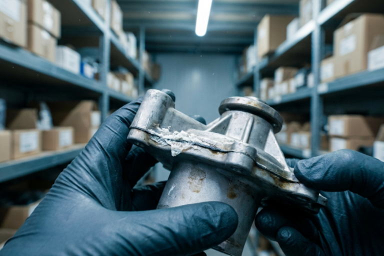 Manos con guantes sujetando una bomba de agua de motor con marcas de fugas de refrigerante en un almacén de recambios