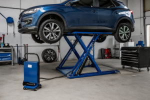Elevador de coche portátil para taller: tipos, precios y lo que debes saber antes de comprar 1 Coche azul suspendido en un elevador de tijera hidráulico de color azul dentro de un taller mecánico.