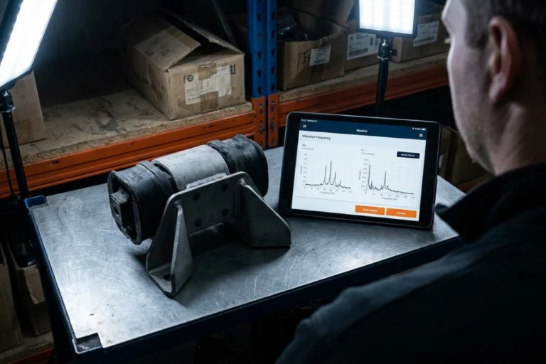 Suporte Motor Opel Astra H 1.7 CDTI: Vibração, Km e Preço Real B2B PT 6 Operario analizando un soporte de motor silentblock en un banco de trabajo con una tablet que muestra gráficos de frecuencia de vibración.