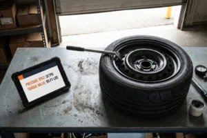 Rueda con llanta de chapa sobre mesa metálica junto a una tablet que muestra especificaciones de presión de 32 PSI y par de apriete de 95 FT-LBS.