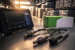 Mecánico profesional comprobando la resistencia de una bujía de precalentamiento de un motor Renault diésel con un multímetro en el taller.