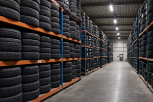 Fotografía interior de un almacén industrial con estanterías metálicas de color naranja y azul, repletas de neumáticos organizados por columnas. Ideal para secciones de stock, recambios de coche y logística de talleres.
