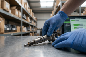 Vue rapprochée des mains d'un opérateur portant des gants bleus, manipulant un injecteur de carburant mécanique sur une table en métal. En arrière-plan, on aperçoit des étagères d'entrepôt remplies de cartons et un écran d'ordinateur affichant un logiciel de gestion des stocks (Inventory Management).