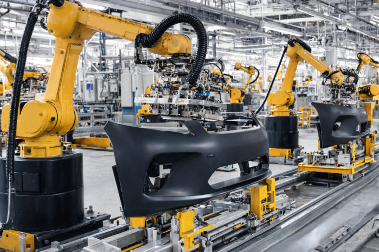 Boîtes de composants automobiles empilées dans un entrepôt d'équipementier