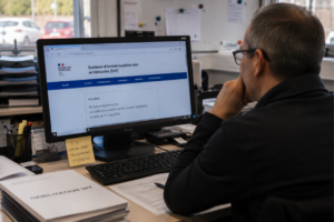 Operario consultando el portal del Sistema de Matriculación de Vehículos (SIV) en un ordenador para la gestión de trámites automotrices.