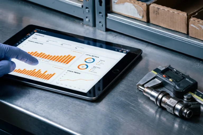 Mano con guante azul interactuando con un panel de analíticas en una tablet, junto a un inyector diésel y un calibre digital sobre un banco metálico.