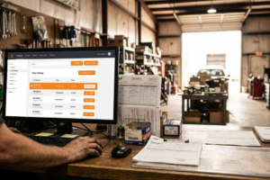 Catálogo Equivalente TecDoc: Como Poupar 30% em Peças Mantendo a Qualidade PT 1 Empleado de un taller consultando un catálogo digital de recambios en un ordenador para localizar piezas de automóvil y gestionar pedidos.