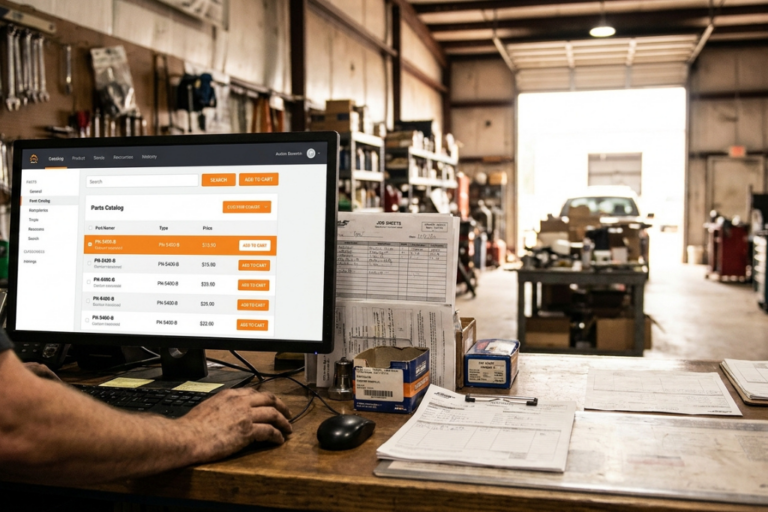 Empleado de un taller consultando un catálogo digital de recambios en un ordenador para localizar piezas de automóvil y gestionar pedidos.