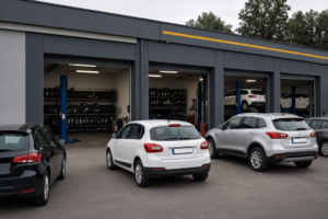 Vista exterior de un taller mecánico moderno con varias puertas de garaje abiertas. En el exterior hay varios coches aparcados (un coche negro y varios SUV blancos y plateados), mientras que en el interior se aprecian estanterías repletas de neumáticos y coches elevados en elevadores hidráulicos.