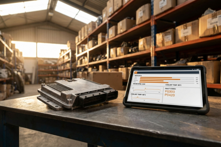 Centralita de motor ECU sobre una mesa metálica junto a una tablet de diagnosis que muestra los códigos de error P0300 y P0420 en un almacén de recambios.