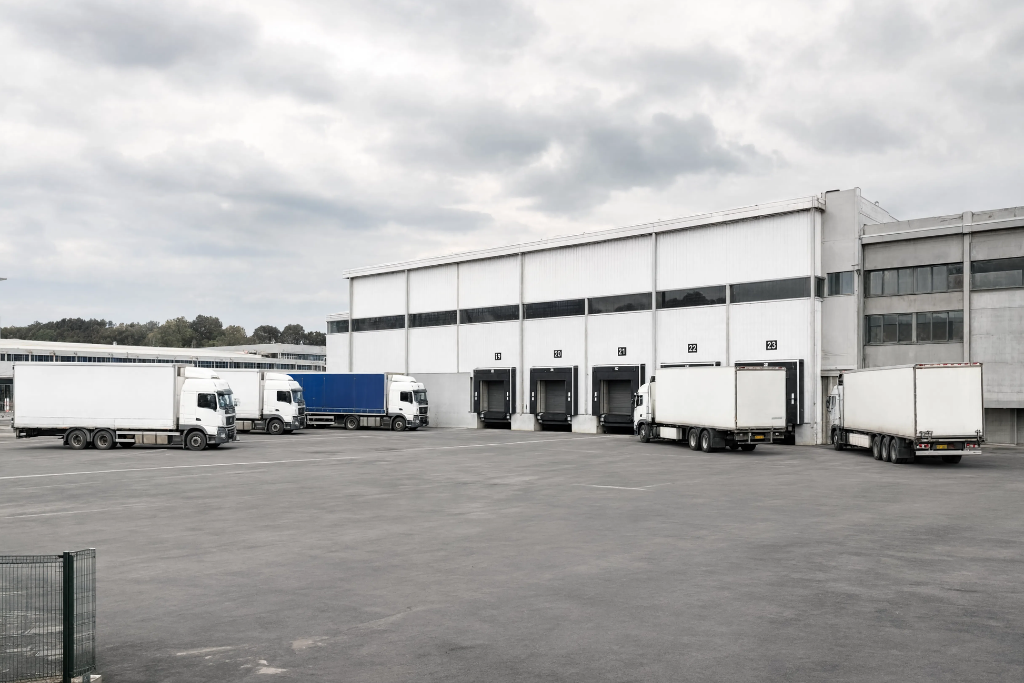 Vue extérieure d'un grand entrepôt logistique blanc avec des quais de chargement numérotés. Plusieurs camions avec remorque blancs et un bleu sont stationnés sur la cour en asphalte, certains étant connectés aux portes de chargement sous un ciel nuageux.