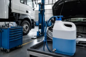 Garrafa con líquido azul y bomba manual en un taller mecánico con un coche de capó abierto y un camión al fondo.