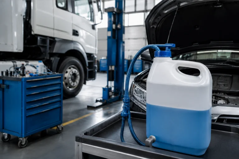 AdBlue en 2026: qué es, qué vehículos lo necesitan y cómo gestionar el aprovisionamiento en taller 1 Garrafa con líquido azul y bomba manual en un taller mecánico con un coche de capó abierto y un camión al fondo.