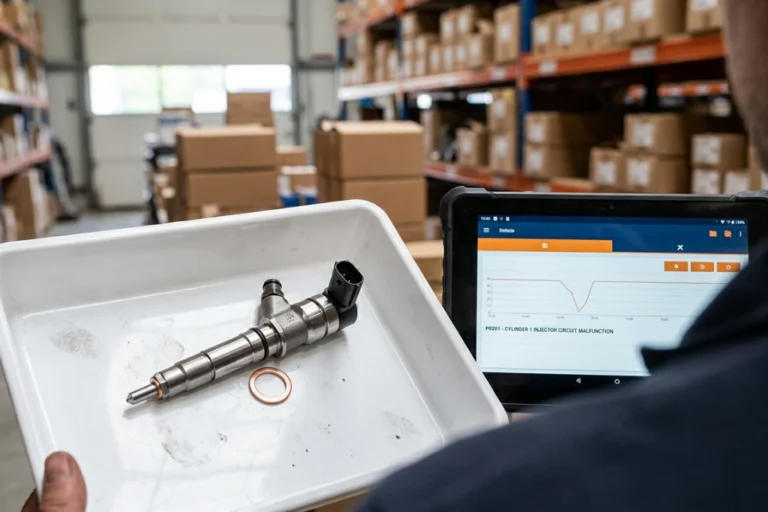 Injectores Citroën C4 1.6 HDI 9HZ: Código P0201 e Preço Real em Plataforma PT 9 Mecánico sosteniendo un inyector diésel en una bandeja blanca junto a una tablet de diagnóstico con el código de error P0201 en un almacén de recambios.