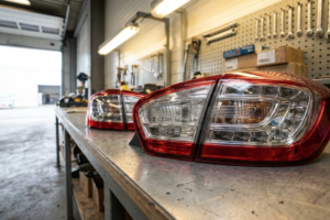 Deux blocs d'optiques de phares arrière de voiture (rouges et blancs) posés sur un établi en métal à l'intérieur d'un atelier mécanique. En arrière-plan, on aperçoit un panneau à outils avec des clés de serrage, des boîtes de pièces détachées et l'ouverture du garage.