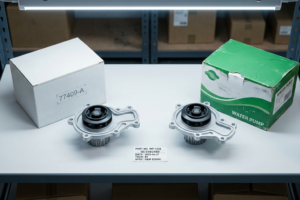 Comparación entre una bomba de agua OEM y una bomba de agua aftermarket con sus cajas de embalaje sobre una mesa de inspección en un almacén de recambios.