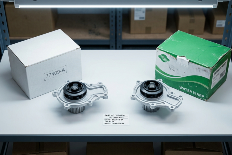 Como Publicar Stock IAM em recambiofacil e Aumentar Vendas em 30 Dias PT 2 Comparación entre una bomba de agua OEM y una bomba de agua aftermarket con sus cajas de embalaje sobre una mesa de inspección en un almacén de recambios.
