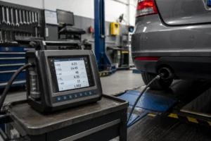 Analizador de gases de escape: por qué es imprescindible en el taller de 2026 y cómo elegirlo 2 Analizador de gases de escape digital mostrando mediciones de CO, CO2 y factor lambda en un coche dentro de un taller.