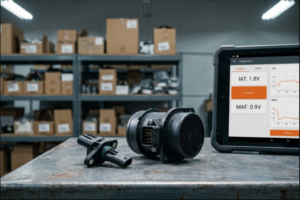 Escáner OBD2 mostrando el código de error P0101 junto a un sensor MAF de flujo de aire en un banco de trabajo.