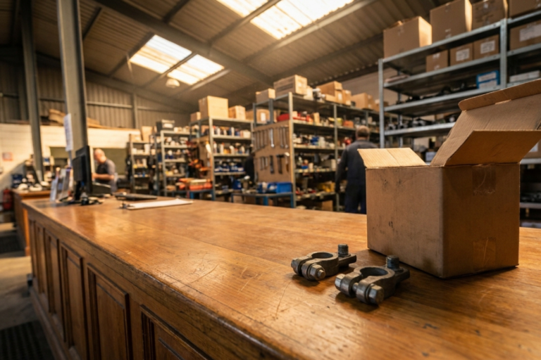 Bornes de Batterie : Entretien et Prévention de la Corrosion 3 Mostrador de madera en una tienda de repuestos con bornes de batería y una caja abierta, con estanterías de almacenaje al fondo.