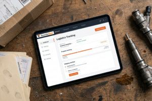Vue aérienne d'une tablette numérique posée sur un établi d'atelier en bois rustique. L'écran affiche l'interface « Logistics Tracking » de Recambiofacil avec une barre de progression de livraison. Autour de la tablette se trouvent des injecteurs de carburant, des dossiers de bordereaux d'expédition (Shipping Manifest) et un carton de colis.