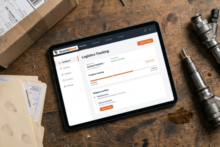 Vue aérienne d'une tablette numérique posée sur un établi d'atelier en bois rustique. L'écran affiche l'interface « Logistics Tracking » de Recambiofacil avec une barre de progression de livraison. Autour de la tablette se trouvent des injecteurs de carburant, des dossiers de bordereaux d'expédition (Shipping Manifest) et un carton de colis.