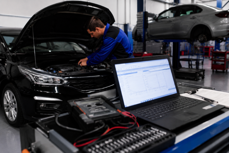 Conector de diagnóstico OBD ligado ao painel de um veículo em oficina