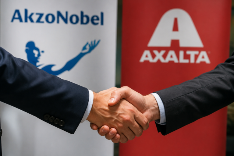 Dos ejecutivos en traje dándose el apretón de manos con los logotipos corporativos de AkzoNobel y Axalta de fondo.