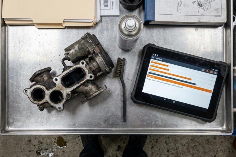 EGR Peugeot 308 1.6 HDI 9HZ: Código P0401, Diagnóstico e Preço Real PT 1 Válvula EGR desmontada sobre un banco de trabajo junto a una tablet con software de diagnóstico y herramientas de limpieza en un taller mecánico.