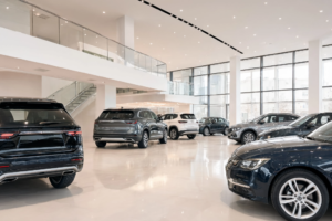 Vista interior de um showroom de automóveis moderno e luminoso com piso branco polido. Vários SUVs e carros novos de cor preta, cinzenta e branca estão expostos sob luzes embutidas no teto, junto a grandes janelas e um mezanino de vidro.