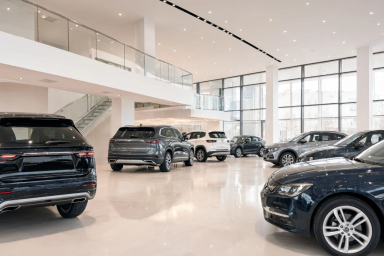 Vista interior de um showroom de automóveis moderno e luminoso com piso branco polido. Vários SUVs e carros novos de cor preta, cinzenta e branca estão expostos sob luzes embutidas no teto, junto a grandes janelas e um mezanino de vidro.