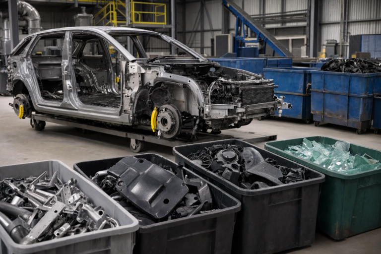 Interior de uma instalação industrial de reciclagem de automóveis. No centro, o esqueleto metálico de um carro sem rodas nem portas está numa plataforma com rodas. Em primeiro plano, há quatro caixas de plástico cheias de peças de metal, plástico e pedaços de vidro partidos para triagem.