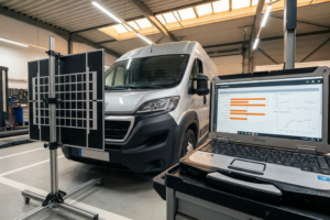 Furgoneta en un taller durante el proceso de calibración ADAS con panel de calibración y ordenador portátil con software de diagnóstico.